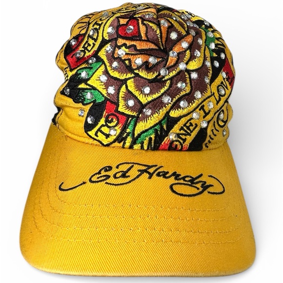 ED HARDY VTG HAT BASEBALL CAP YELLOW BLACK y2k 90s Christian Audigier Trucker - Picture 15 of 15